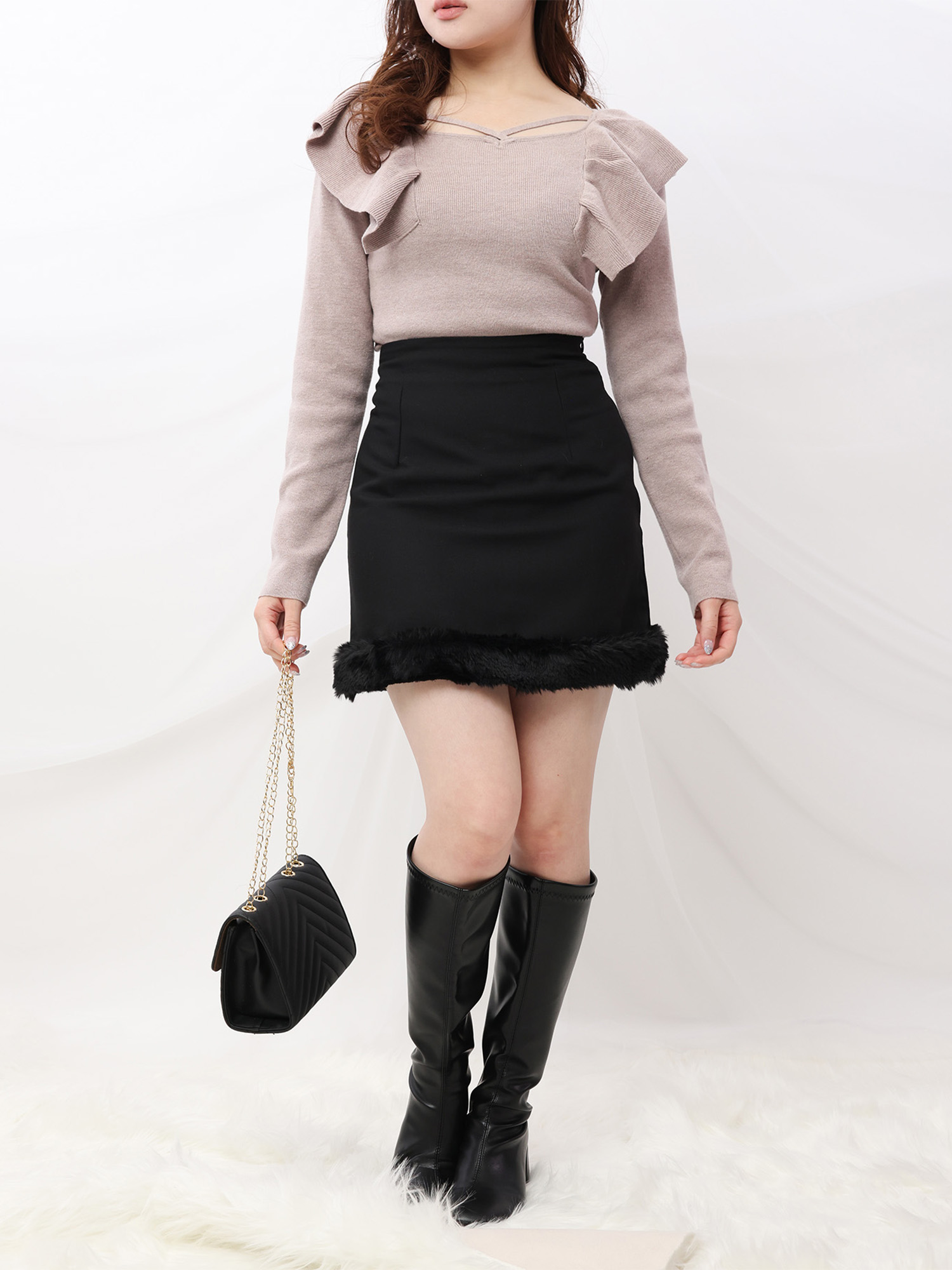 グレー ファー ミニスカート ガーリーファッションのミニリボンフリル裾ファースカート