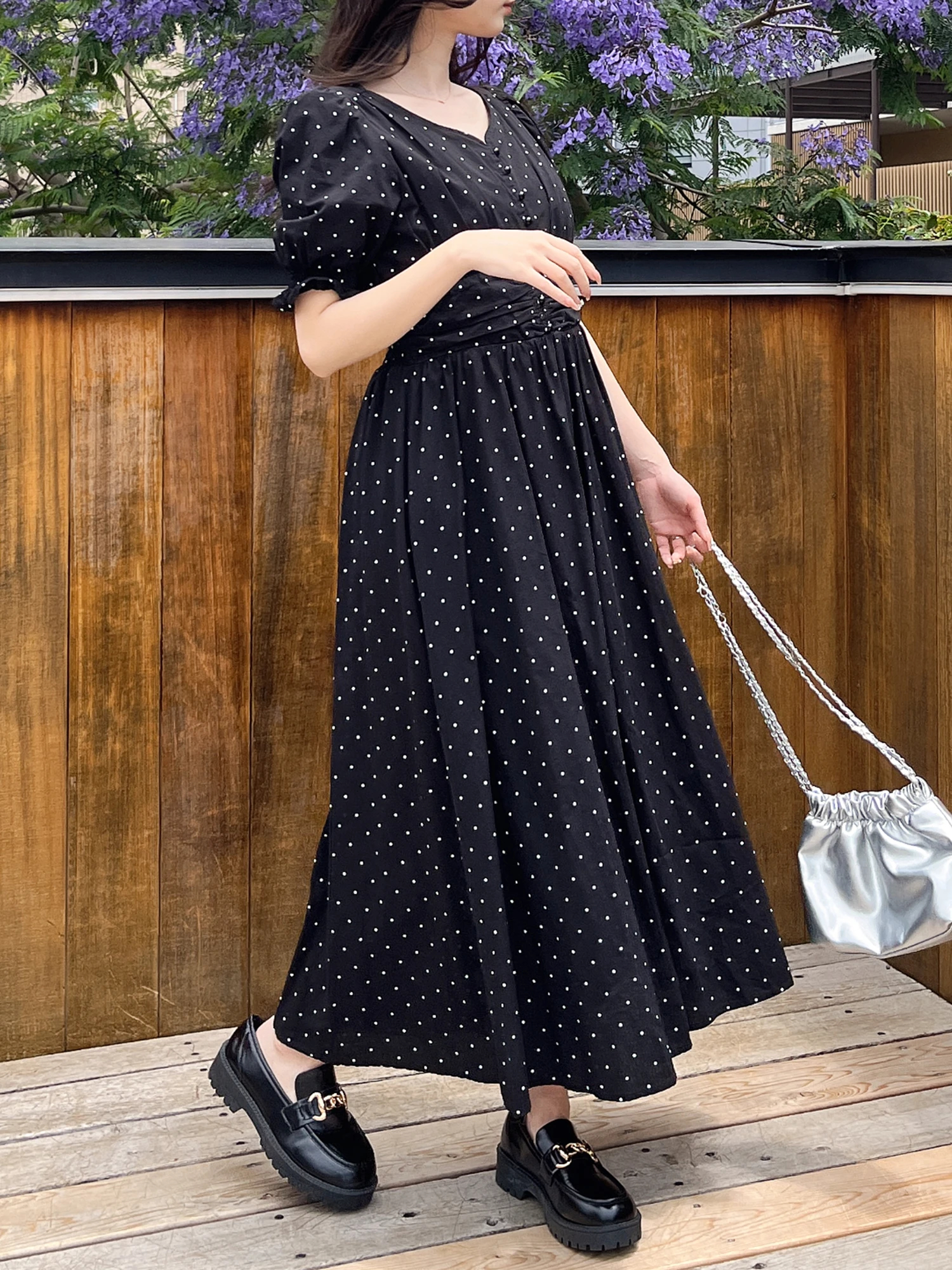 再再販！ パフスリーブ半袖マキシワンピース｜マキシワンピース ワンピース