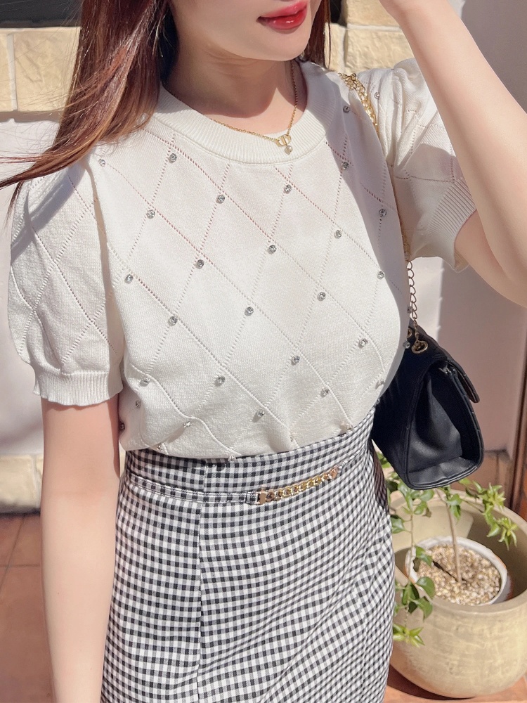 ダイヤ柄ビジュー半袖ニット｜ニット｜トップス｜MIIA（ミーア  