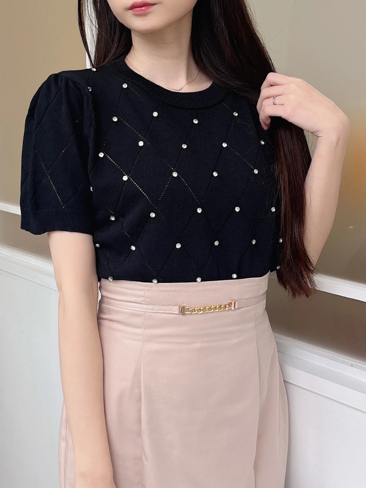 ダイヤ柄ビジュー半袖ニット｜ニット｜トップス｜MIIA（ミーア  