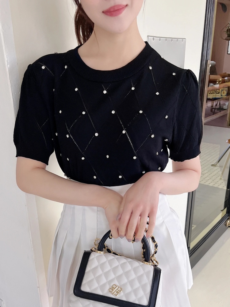 ダイヤ柄ビジュー半袖ニット｜ニット｜トップス｜MIIA（ミーア  