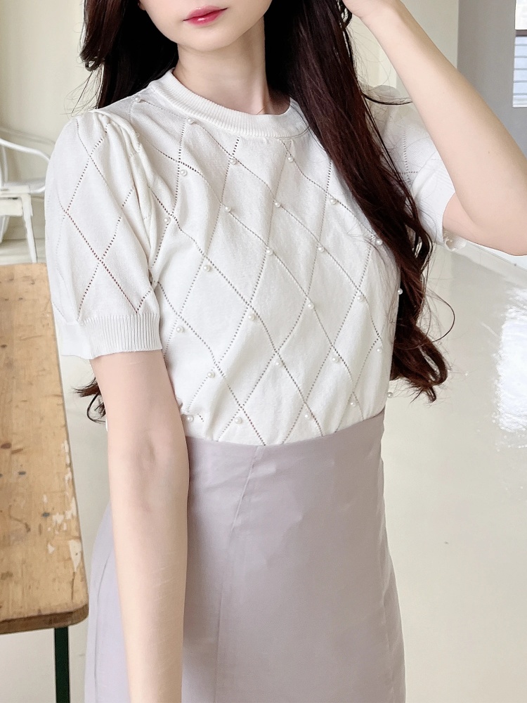 ダイヤ柄パール半袖ニット｜ニット｜トップス｜MIIA（ミーア  