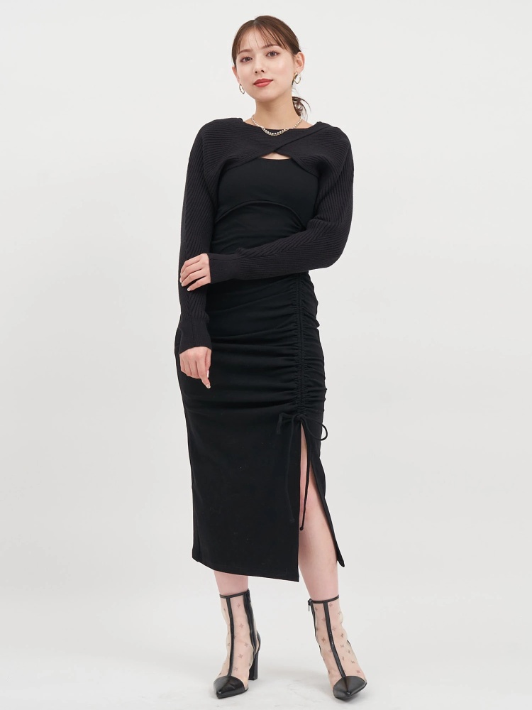 ギャザースリットニットレイヤードワンピース｜ニットワンピース 