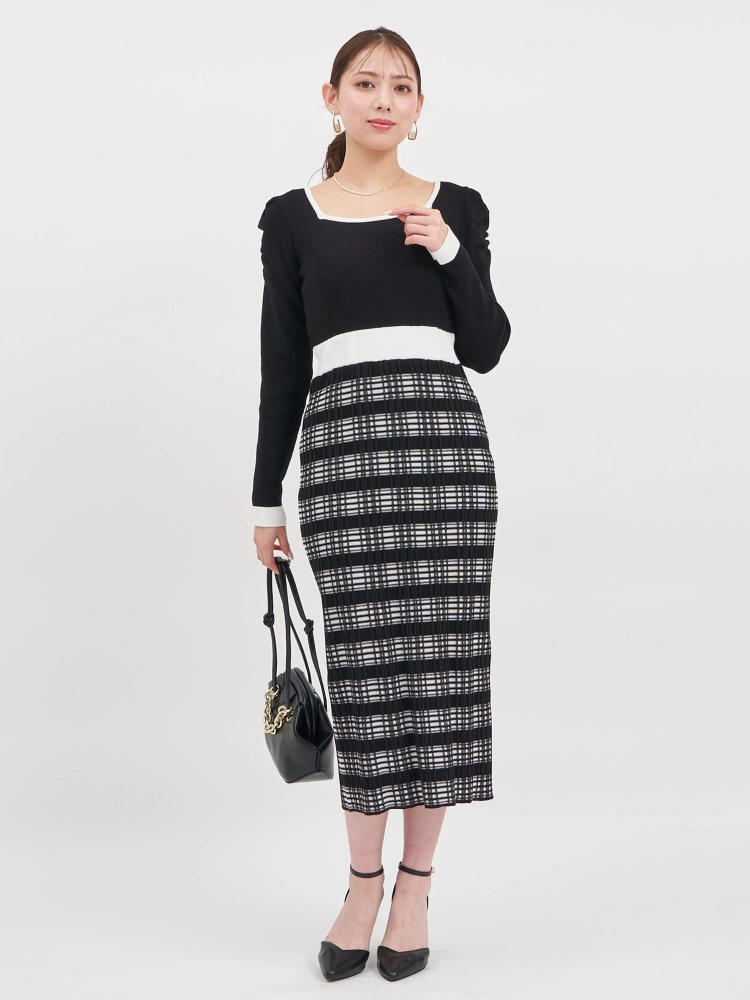 チェック柄切替タイトニットワンピース｜ニットワンピース｜ワンピース 