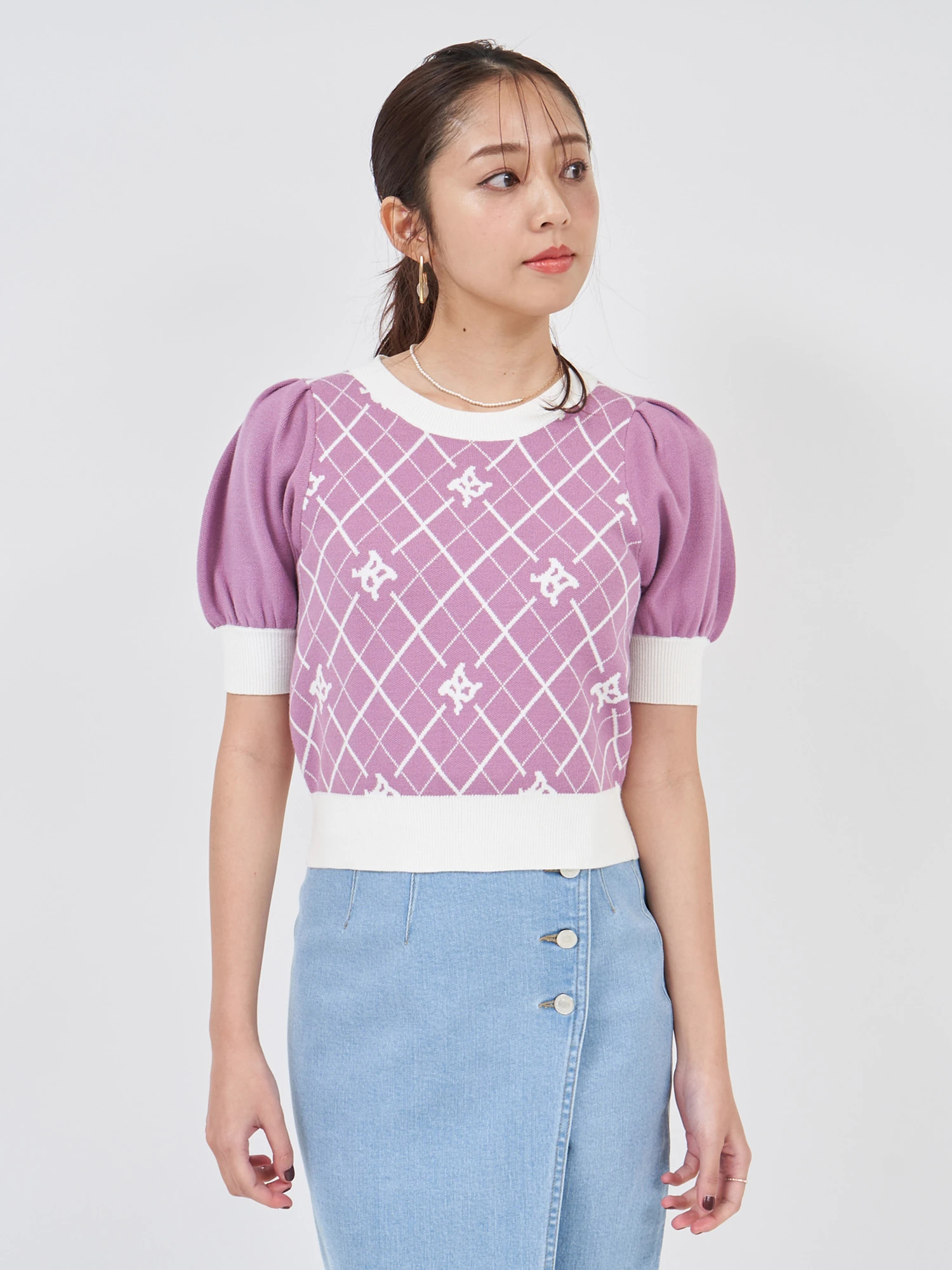 RhodolirioN◆Puff Sleeve Sweater/パフスリーブニットセーター/ポリエステル/NVY/総柄/LN890 RhodolirioN◇Puff Sleeve Sweater/パフスリーブニットセーター