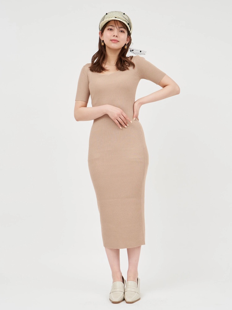 ウォッシャブルニット半袖ロングワンピース｜ニットワンピース  