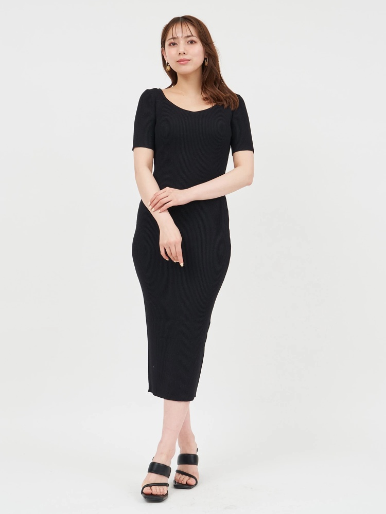 ウォッシャブルニット半袖ロングワンピース｜ニットワンピース  