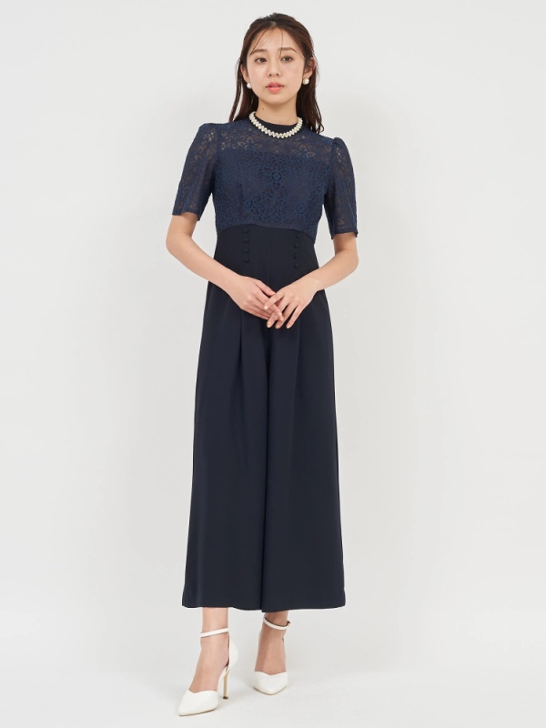 ROYAL PARTY(ロイヤルパーティ) |レース×バックサテンジョーゼットオールインワン(ネイビー)