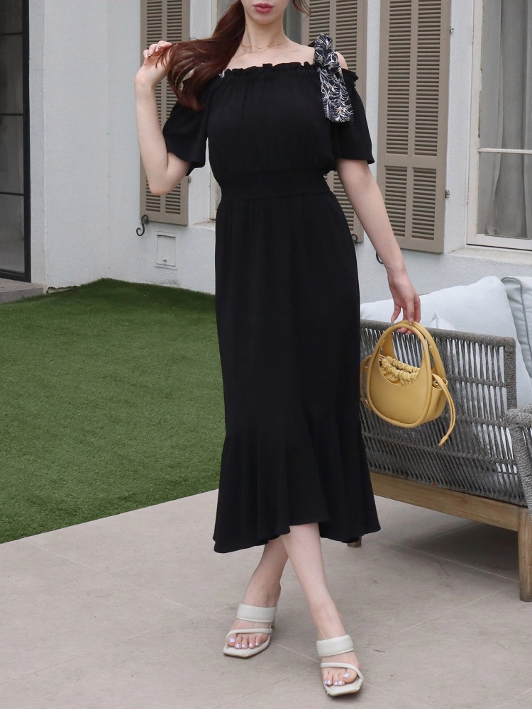 ウエストシャーリングショルダースカーフマーメイドワンピース 