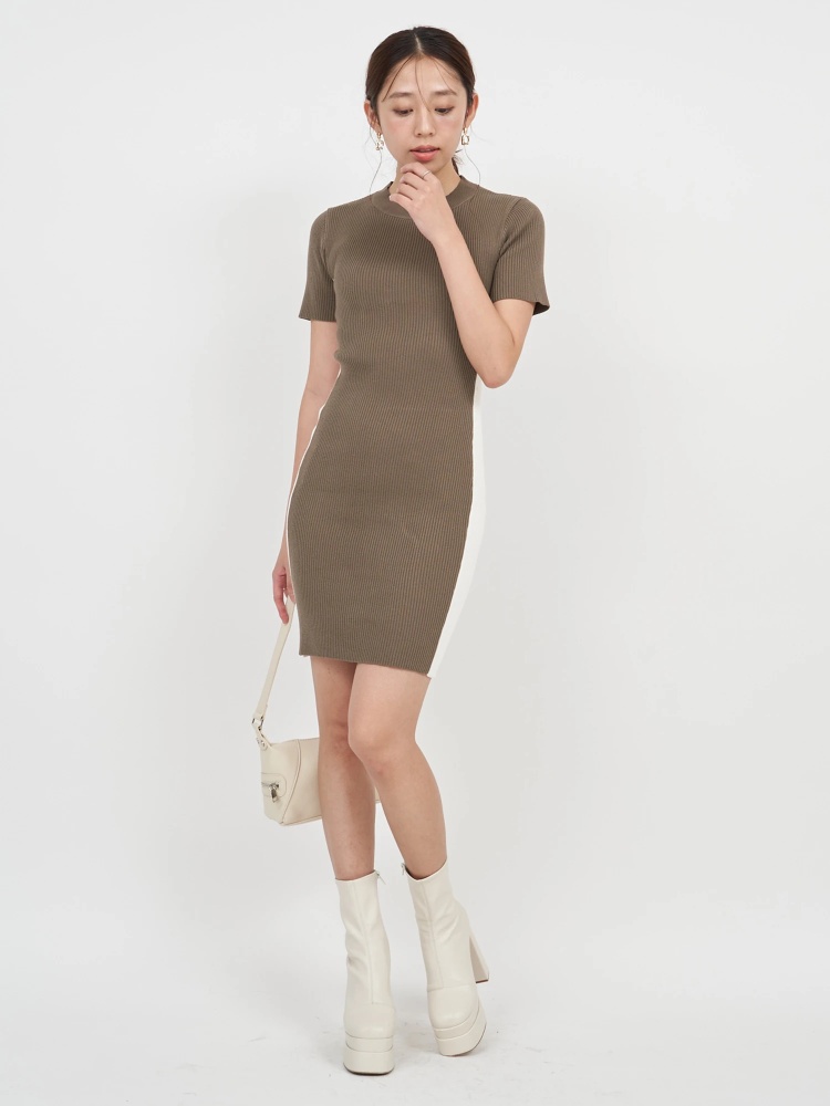 バックオープン配色タイトミニワンピース｜ニットワンピース  