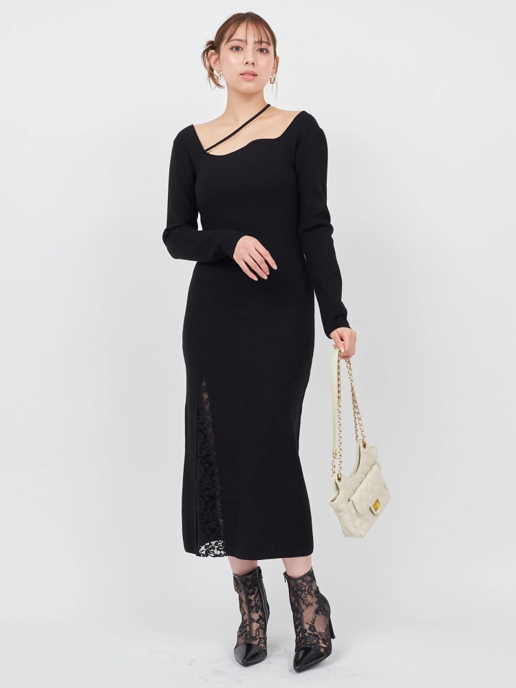 チェーン付デコルテデザインタイトワンピース｜ニットワンピース  