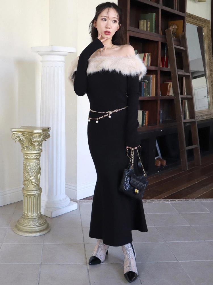 オフショルファーロングニットドレス｜ニットワンピース｜ワンピース 