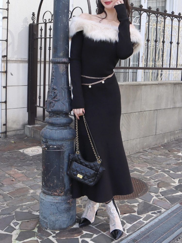 オフショルファーロングニットドレス｜ニットワンピース｜ワンピース  