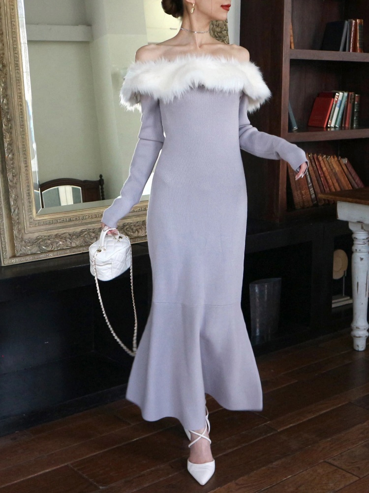 オフショルファーロングニットドレス｜ニットワンピース｜ワンピース  