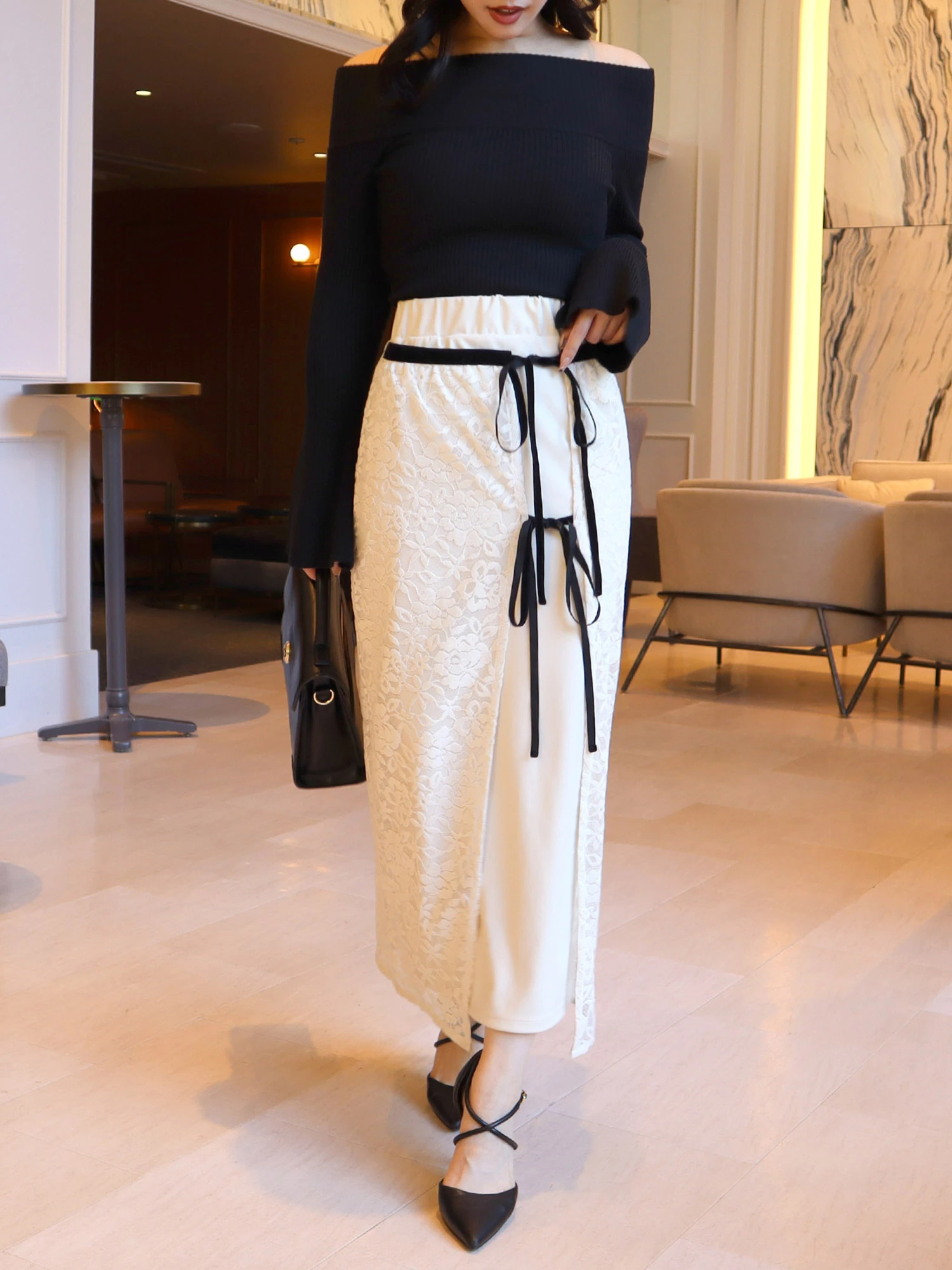 【LONSLAN】インナーレース セミタイトスカート LONSLAN】インナーレース セミタイトスカート