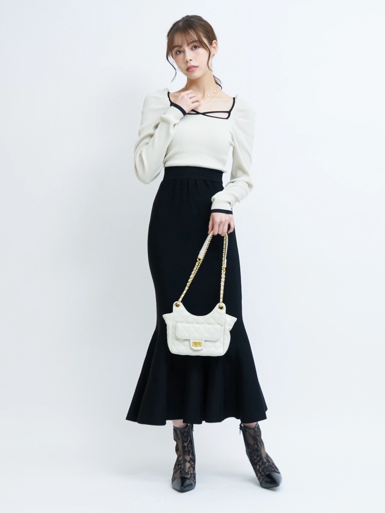 デコルテライン配色ニットマーメイドワンピース｜ニットワンピース  