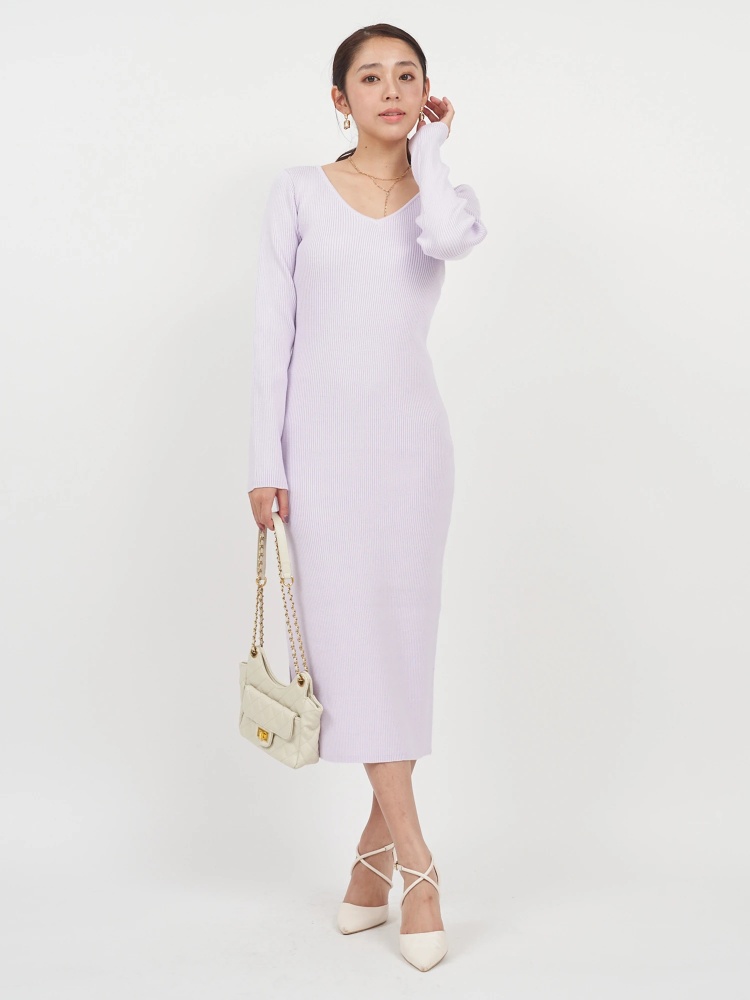 ウォッシャブルVネック長袖ニットロングワンピース｜ニットワンピース  