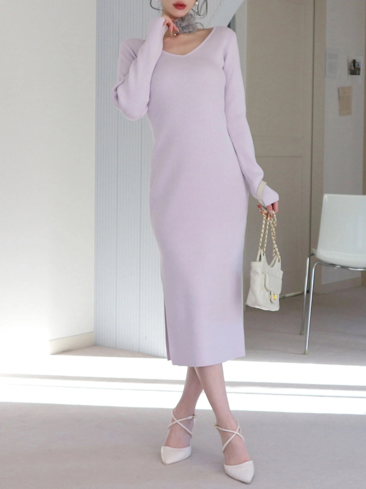 ウォッシャブルVネック長袖ニットロングワンピース｜ニットワンピース  