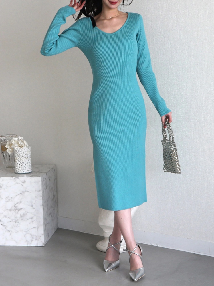 ウォッシャブルVネック長袖ニットロングワンピース｜ニットワンピース  