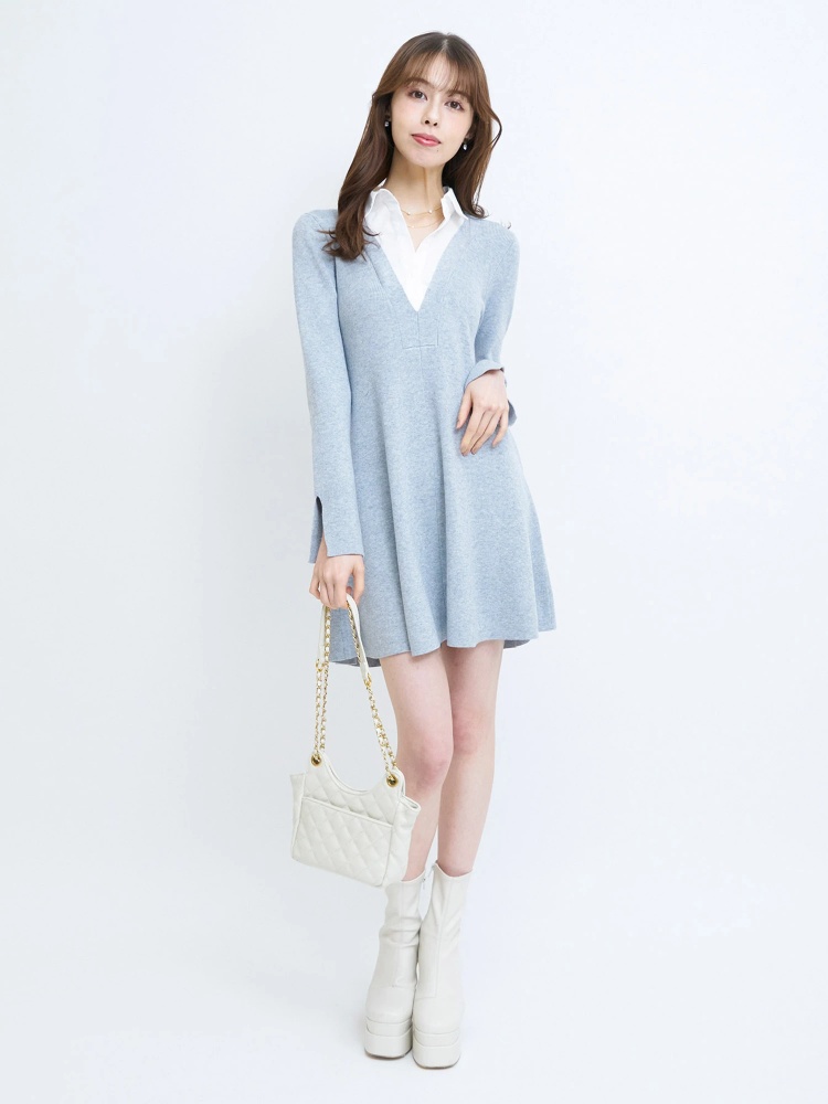 シャツ衿付ニットミニフレアワンピース｜ニットワンピース｜ワンピース  