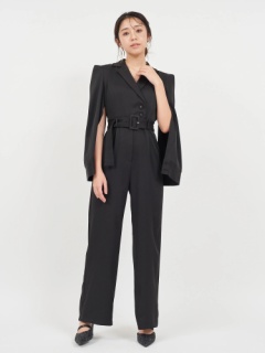 丈が選べる】ベルト付ケープ風オールインワン｜オールインワン  