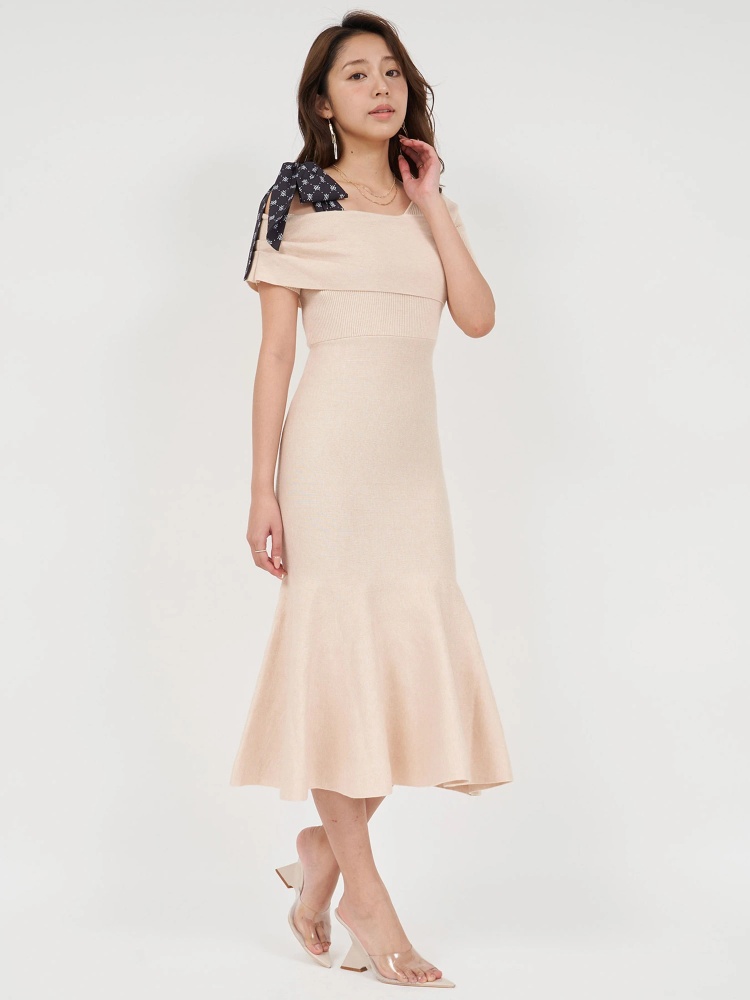 ショルダースカーフ付ニットマーメイドワンピース｜ニットワンピース  