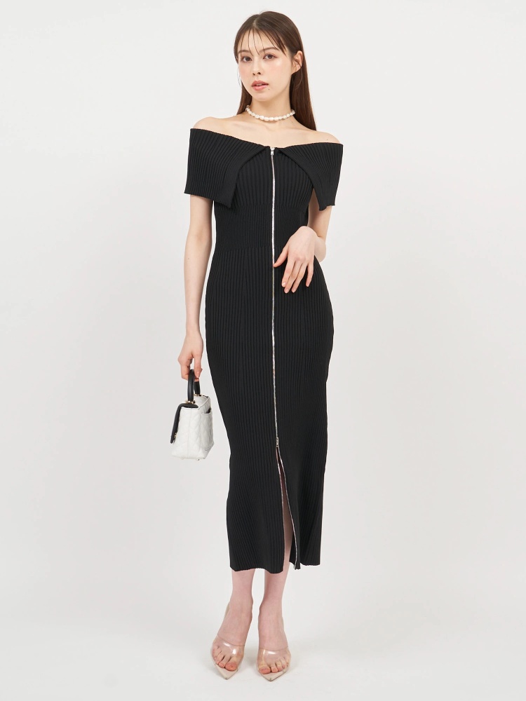 丈が選べる】ダブルZIPオフショルタイトニットワンピース｜ニット  