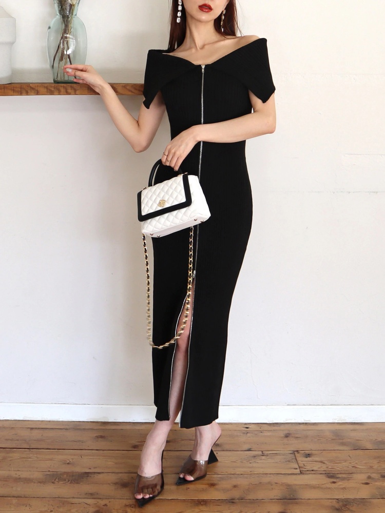 丈が選べる】ダブルZIPオフショルタイトニットワンピース｜ニット  