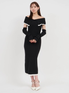 アームウォーマー付配色ケープタイトロングワンピース｜ニット  