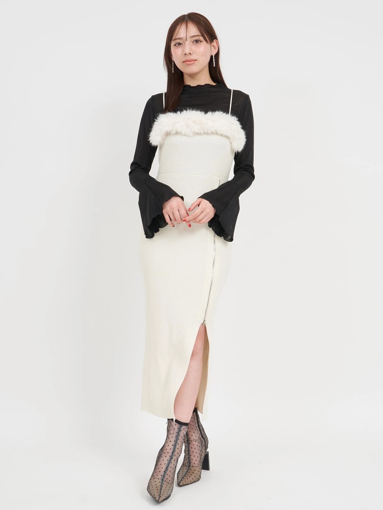 ファー付ZIPニットタイトキャミワンピース｜ニットワンピース  