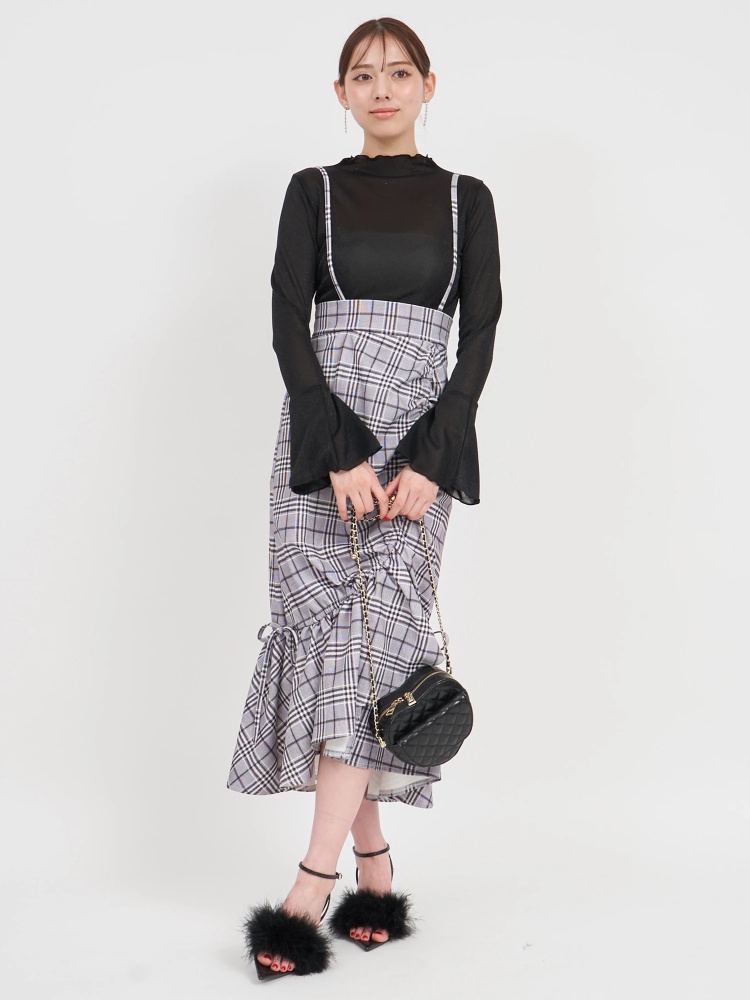 サスペンダー付ギャザーラッフルマーメイドスカート｜スカート  