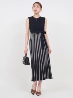 配色プリーツロングニットワンピース｜ニットワンピース｜ワンピース  