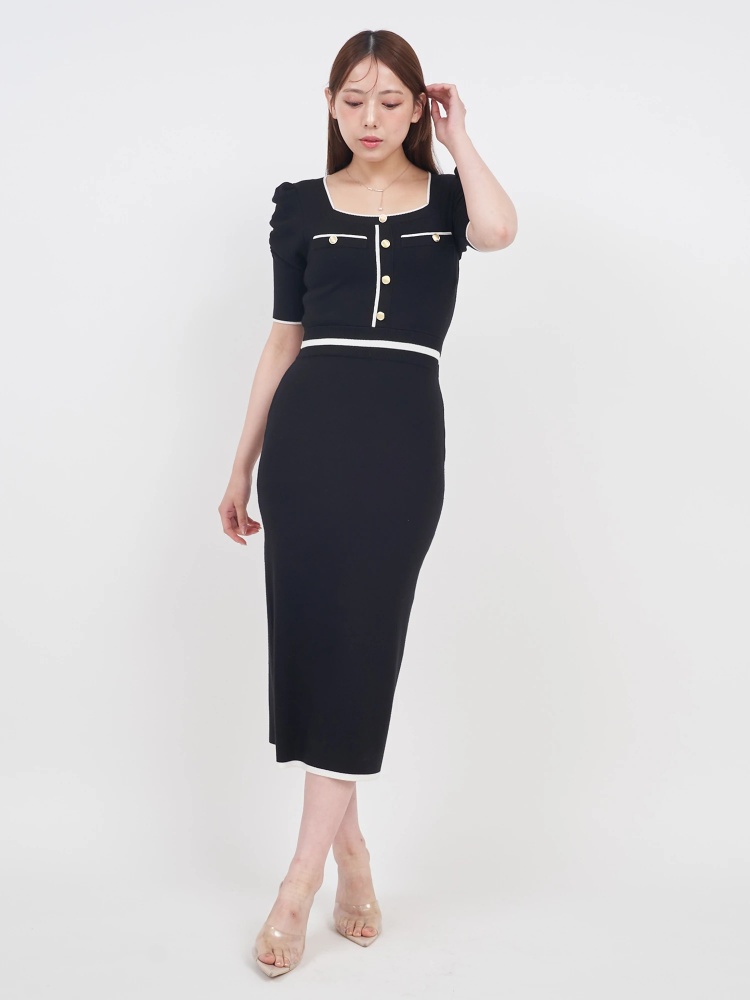 スクエアネック配色タイトニットワンピース｜ニットワンピース  