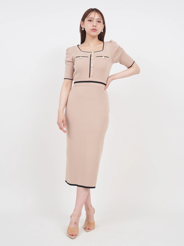 スクエアネック配色タイトニットワンピース｜ニットワンピース  