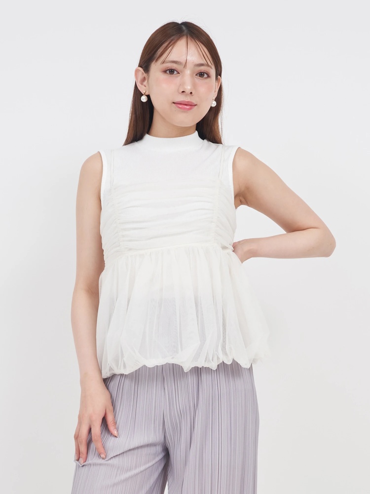 チュールキャミバルーンペプラムレイヤードトップス｜Tシャツ  