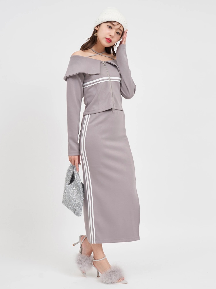 エンブレムロゴ刺繍配色ラインスリットタイトスカート｜スカート  