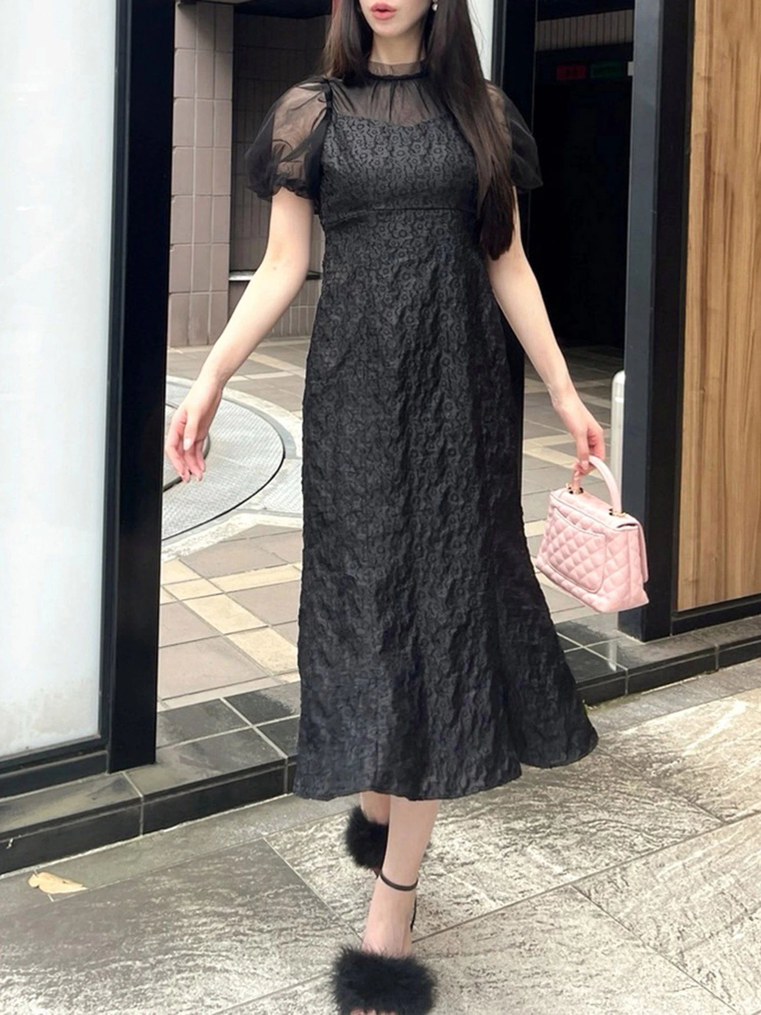【LE'RURE】チュール ジャガード ドッキング コクーン ワンピース LADYチュールドッキングコクーンワンピースを使った人気