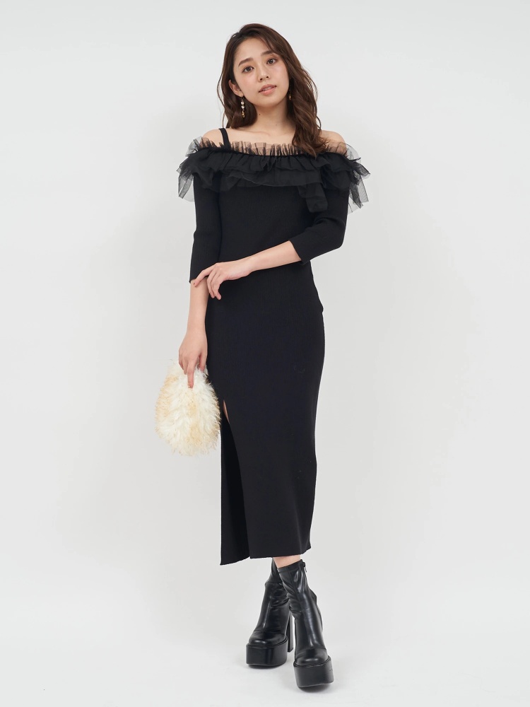 チュールフリルオフショルダータイトワンピース｜ワンピース  