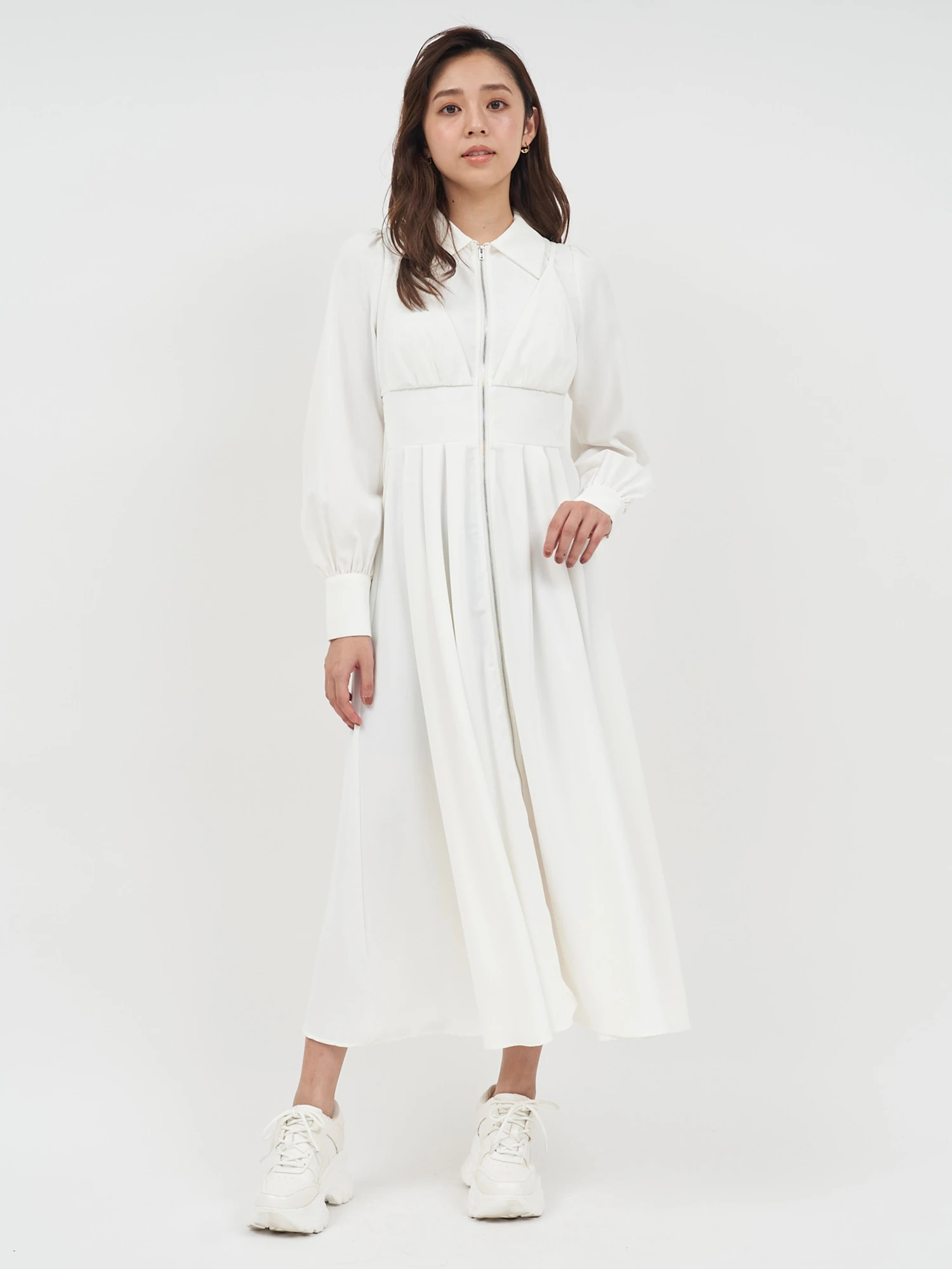 コルセット風フロントZIPシャツワンピース｜シャツワンピース