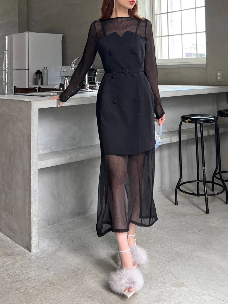 ダブルボタンシアーレイヤードロングワンピース｜ワンピース  