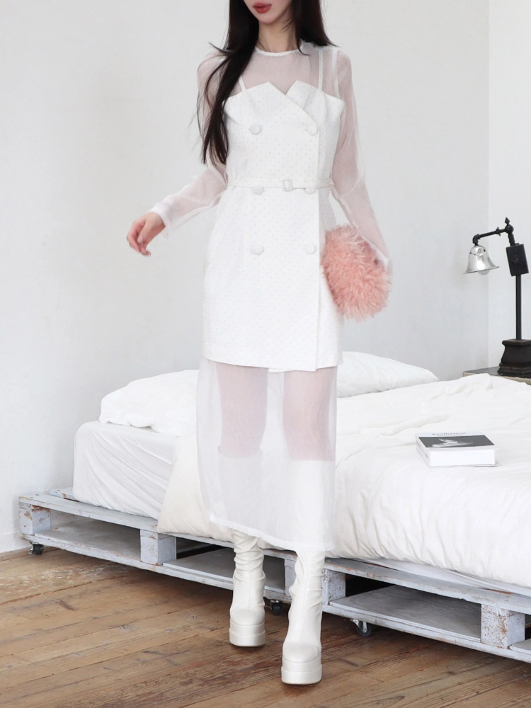 ダブルボタンシアーレイヤードロングワンピース｜ワンピース  