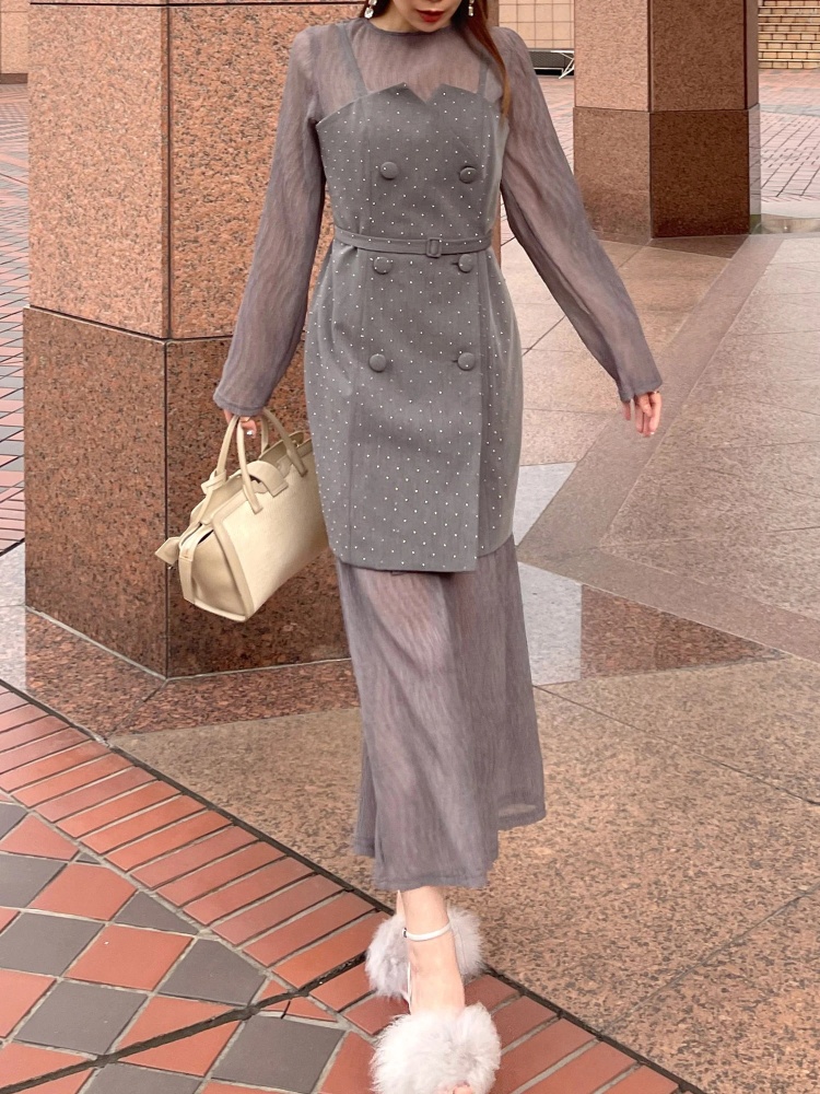 ダブルボタンシアーレイヤードロングワンピース｜ワンピース  