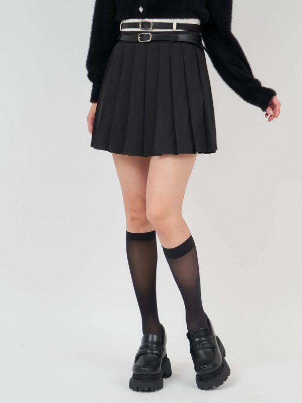 ダブルベルト配色プリーツミニスカート(グレー)