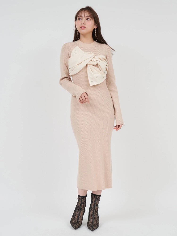 ビジューリボンドッキングタイトワンピース｜ニットワンピース  