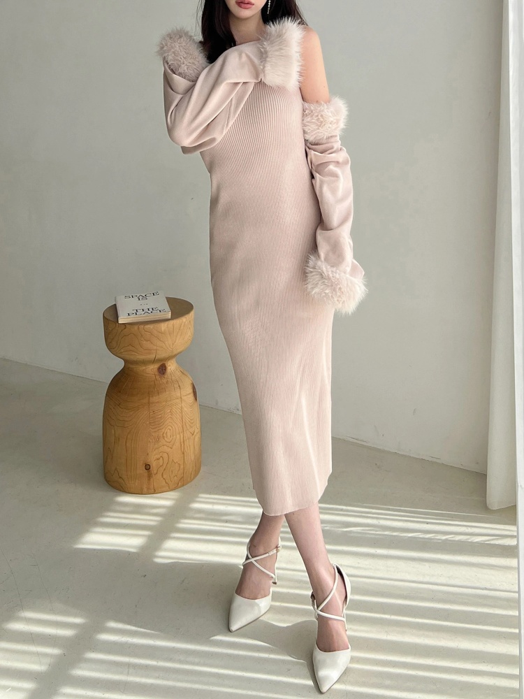 ファーボレロ付ニットタイトキャミワンピース｜ニットワンピース  