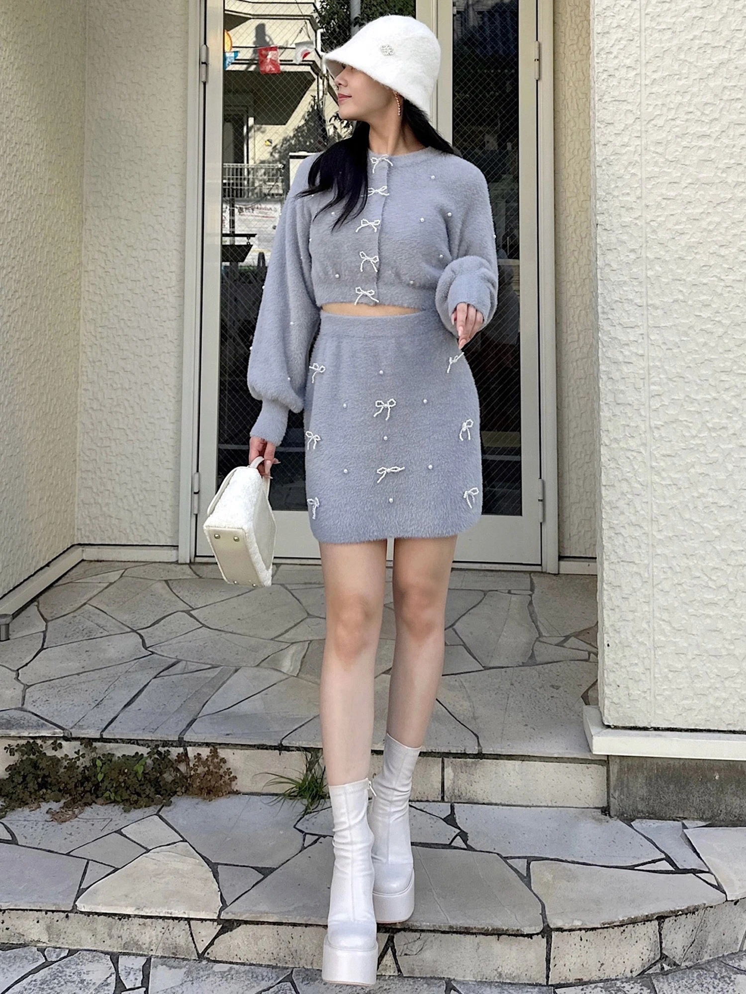 ニット セーター パールリボンシャギーニットカーデトップス レディース GirlsAward2024 A/W 加藤ナナ様 着用】パールリボンシャギー