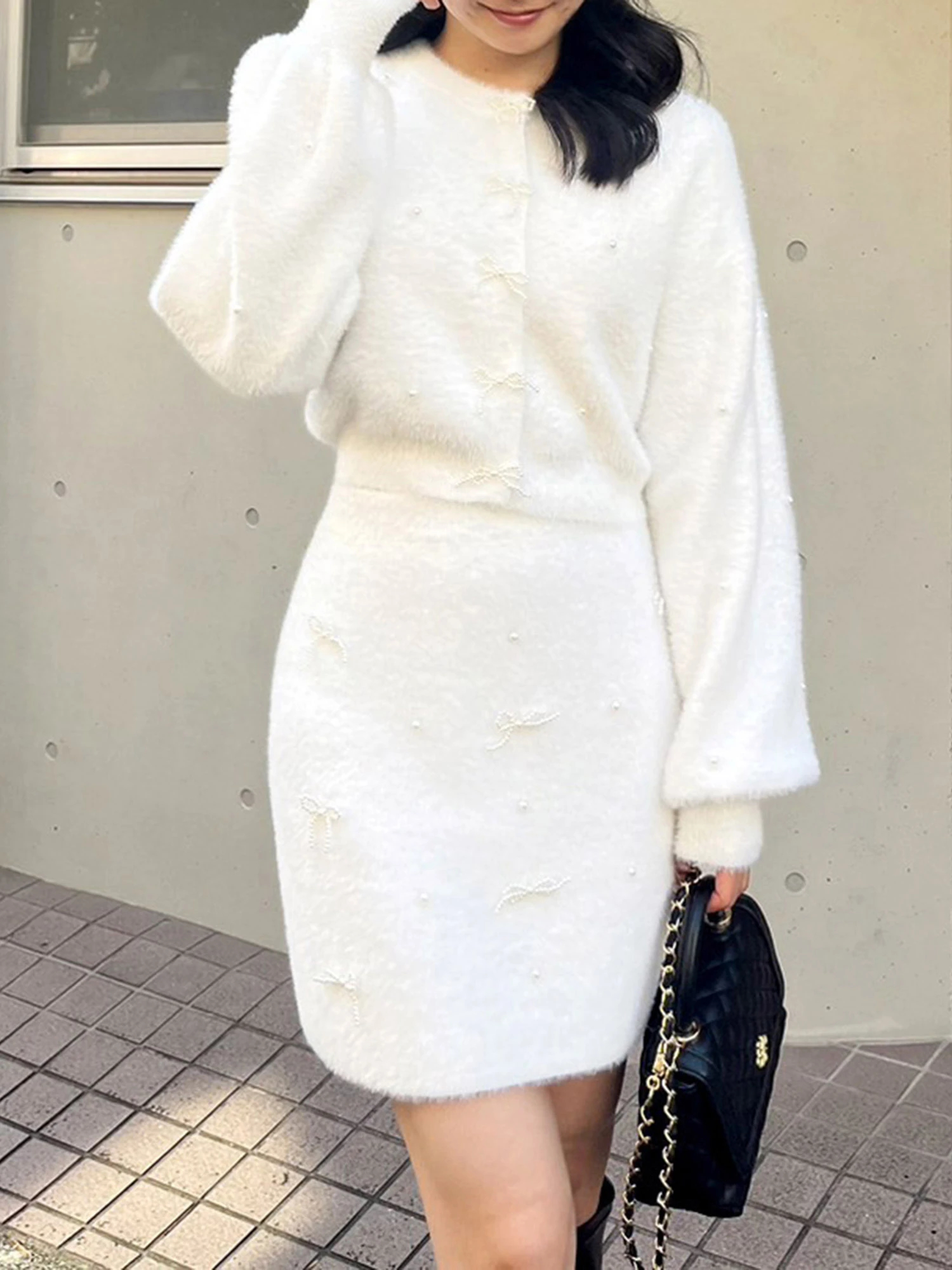 ニット セーター パールリボンシャギーニットカーデトップス レディース GirlsAward2024 A/W 加藤ナナ様 着用】パールリボンシャギー