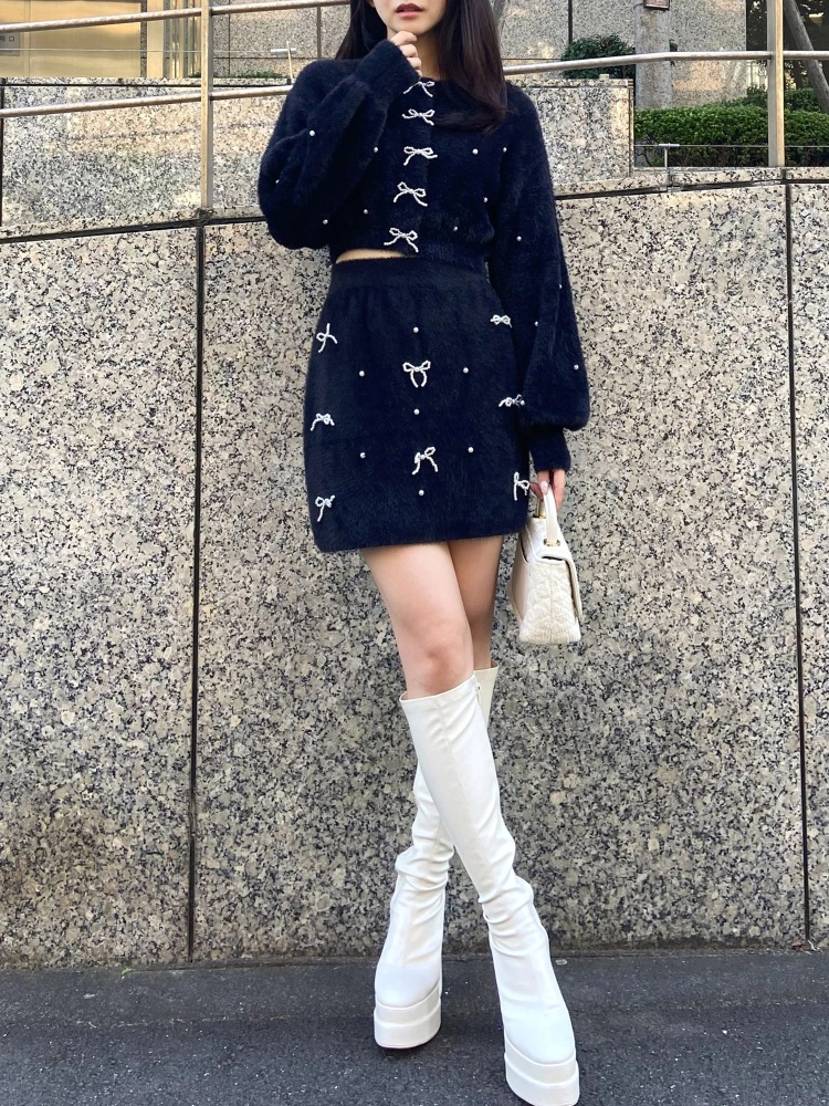 リボン、パール柄スカート38 モカ（前後2Wayリボンフレアジャンパー  