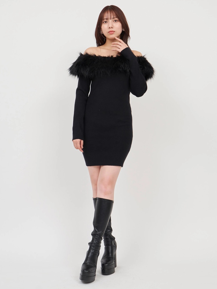 オフショルファータイトミニニットドレス｜ニットワンピース  