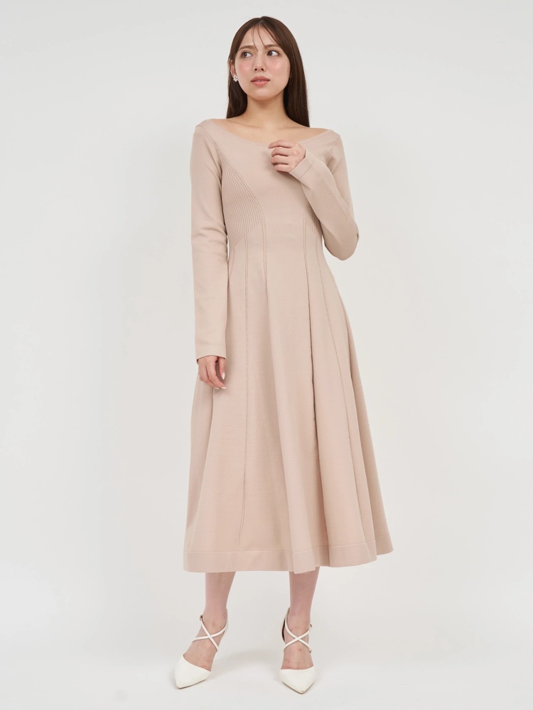 オープンネックシェイプアップニットフレアワンピース｜ニット  